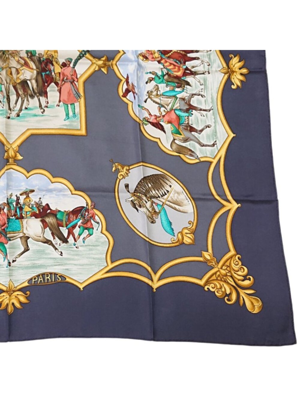 Hermes Carre 90 Les Chevaux Des Moghols Silk Scarf Gray 1993 View 3
